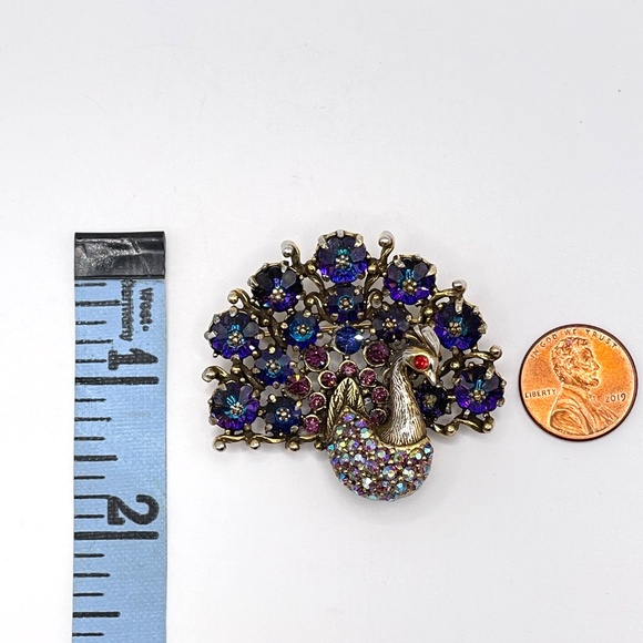 Weiss Signed Vintage Blue AB Rhinestone Peacock Pin Brooch Rare - Picture 6 of 11
